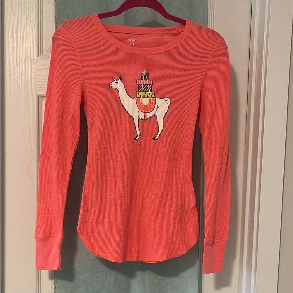 Old Navy Coral Long Sleeve Tee Alpaca Design